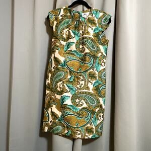 Milly of New York Green and Gold Paisley 100% Silk Sheath Dress
